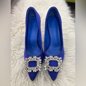 Royal Blue Satin Heels with Crystal
Buckle Embellishment - Size 8